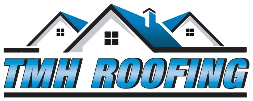 Logo featuring stylized house roofs with chimneys above the text "TMH ROOFING" in bold, blue gradient letters.
